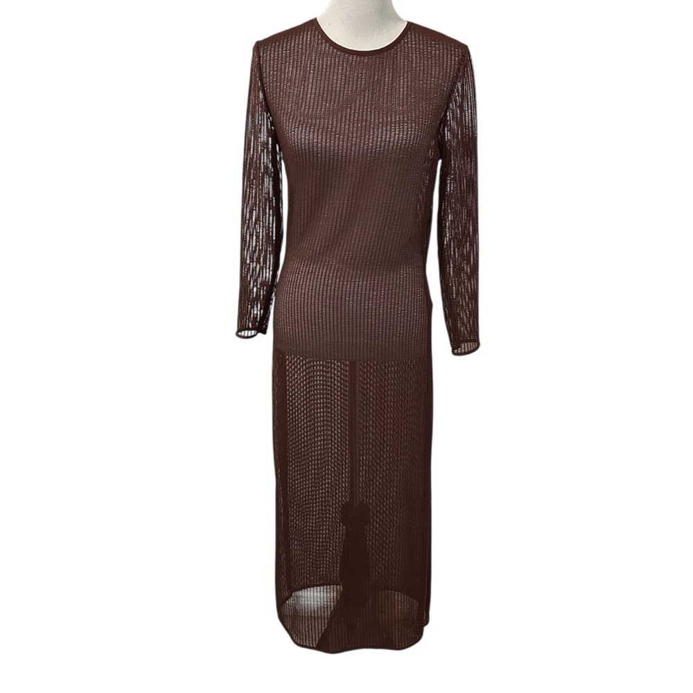 Zara Womens Long Sleeve Mesh Midi/Maxi Dress Sz Sm/Med Brown Open Knit NEW